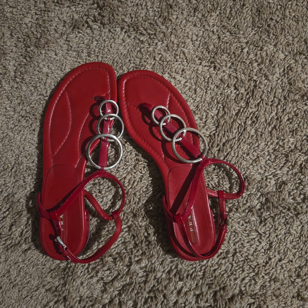 Prada Vibrant Red Sandals with Silver Rings